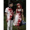 Gothic Couple Outfit Contrast Color Flower Ghost Pattern Ruched Bust Dress and Button Up Shirt Vacation Matching Outfit - Noir S | US 4