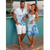 Vacation Couple Outfit Plant Pattern Ruched Bust Sweetheart Neck A Line Mini Dress and Button Up Shirt Casual Matching Outfit - Bleu S | US 4
