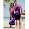 Vacation Couple Outfit for Beach Ombre Coconut Tree Print Pocket Long Dress and Shirt Set - PURPLE S | US 4
