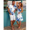 Vacation Couple Outfit Floral Leaf Dots Pattern Ruched Bust Belt Sweetheart Neck A Line Mini Dress and Button Up Shirt Casual Matching Outfit - Bleu S | US 4