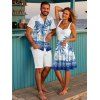 Vacation Couple Outfit Palm Tree Flower Leaf Pattern Ruched Bust Sweetheart Neck Dress and Button Up Shirt Beach Matching Outfit - Bleu S | US 4
