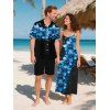 Vacation Couple Outfit Dots Floral Pattern Spaghetti Strap A Line Tank Dress and Roll Up Sleeve Shirt Matching Outfit - Noir S | US 4