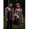 Gothic Couple Outfit Leaf Pattern Ruched Bust Sweetheart Neck A Line Mini Dress and Button Up Shirt Holiday Matching Outfit - Noir S | US 4