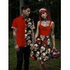 Gothic Couple Outfit Retro Colorblock Skulls Print Ruched Bust Sweetheart Neck A Line Mini Dress and Button Up Shirt Holiday Matching Outfit - Noir S | US 4