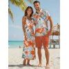 Vacation Couple Outfit Tropical Leaf Flower Pattern Spaghetti Strap Pocket Dress and Roll Up Sleeve Shirt Solid Color Drawstrings Beach Shorts Matching Outfit - Orange S | US 4