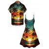 Beach Couple Outfit Sunset Coconut Tree Print Mini Dress and Shirt Vacation Set - Orange S | US 4