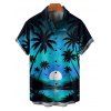 Chemise de plage boutonnée pour homme, imprimé cocotiers et coucher de soleil - Bleu 5XL