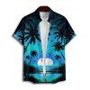 Chemise de plage boutonnée pour homme, imprimé cocotiers et coucher de soleil - Bleu 5XL