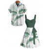 Vacation Couple Outfit for Beach Tropical Leaf Print Belt Dress and Shirt Set - Vert profond S | US 4