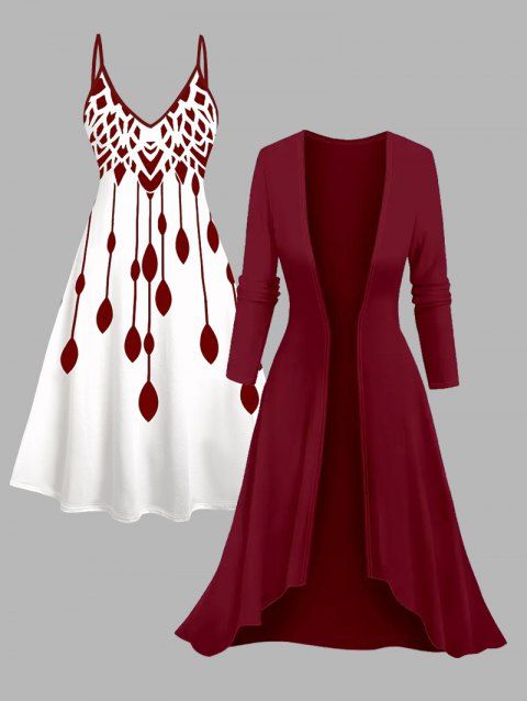 Ensemble de vacances 2 pièces, robe à bretelles spaghetti à imprimé géométrique et haut ouvert sur le devant