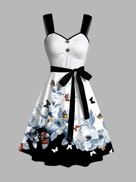 Robe de vacances à imprimé floral papillon et ceinture froncée colorblock