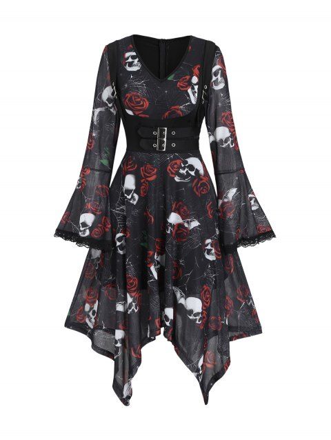 Robe gothique à imprimé tête de mort et roses, empiècement en dentelle et boucle, robe mouchoir