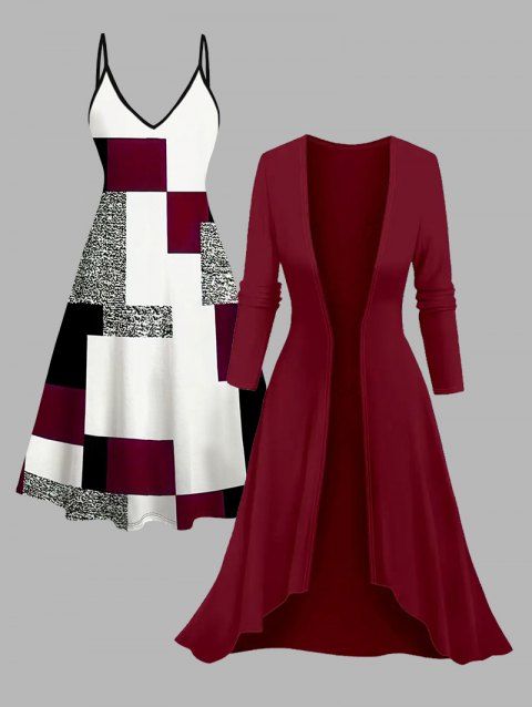 Ensemble robe à bretelles spaghetti et haut ouvert sur le devant à imprimé géométrique colorblock