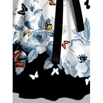 Butterfly Floral Print Vacation Dress Colorblock Ruched Belt Dress