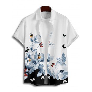 Vacation Couple Outfit Butterfly Floral Print Ruched Belt Dress and Shirt Set