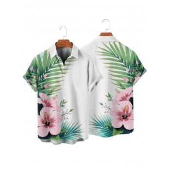 Vacation Couple Outfit Flower Leaf Print Ruched Bust Mini Dress and Shirt Set