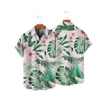 Vacation Couple Outfit for Beach Tropical Leaf Floral Print Slit Dress and Shirt Set