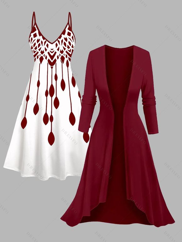 Ensemble de vacances 2 pièces, robe à bretelles spaghetti à imprimé géométrique et haut ouvert sur le devant - Rouge Vineux XXXXL | US 18