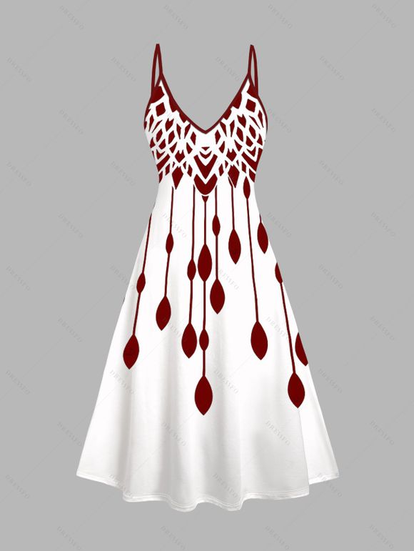 Ensemble de vacances 2 pièces, robe à bretelles spaghetti à imprimé géométrique et haut ouvert sur le devant - Rouge Vineux M | US 6