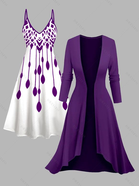Ensemble de vacances 2 pièces, robe à bretelles spaghetti à imprimé géométrique et haut ouvert sur le devant - Concorde XXL | US 14