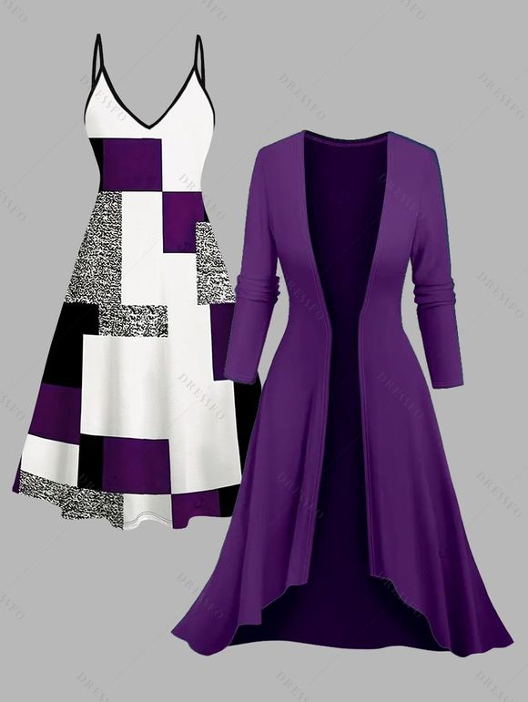 Ensemble robe à bretelles spaghetti et haut ouvert sur le devant à imprimé géométrique colorblock - Bleu profond S | US 4