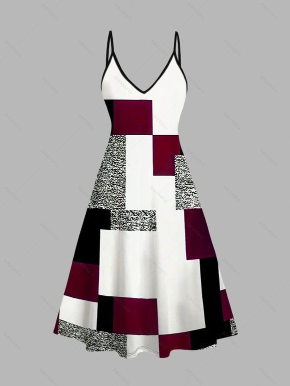 Ensemble robe à bretelles spaghetti et haut ouvert sur le devant à imprimé géométrique colorblock - Rouge foncé XXXXL | US 18