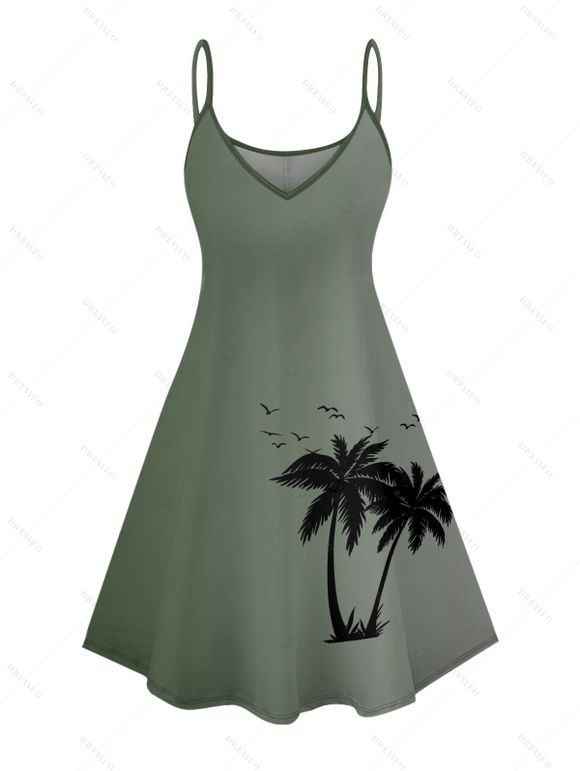 Robe de vacances à imprimé cocotiers ombré, mini-robe à bretelles spaghetti pour la plage - Vert clair XXXXXL | US 20