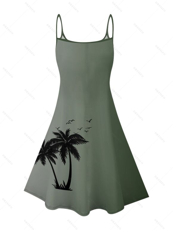Robe de vacances à imprimé cocotiers ombré, mini-robe à bretelles spaghetti pour la plage - Vert clair L | US 8-10