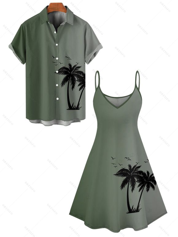 Vacation Couple Outfit for Beach Ombre Coconut Tree Print Mini Dress and Shirt Set - Vert clair S | US 4