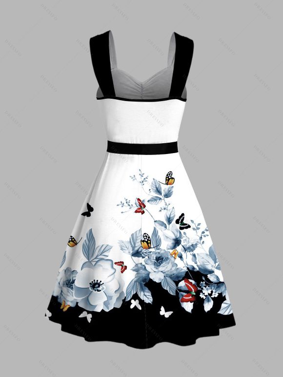 Robe de vacances à imprimé floral papillon et ceinture froncée colorblock - Noir L | US 8-10
