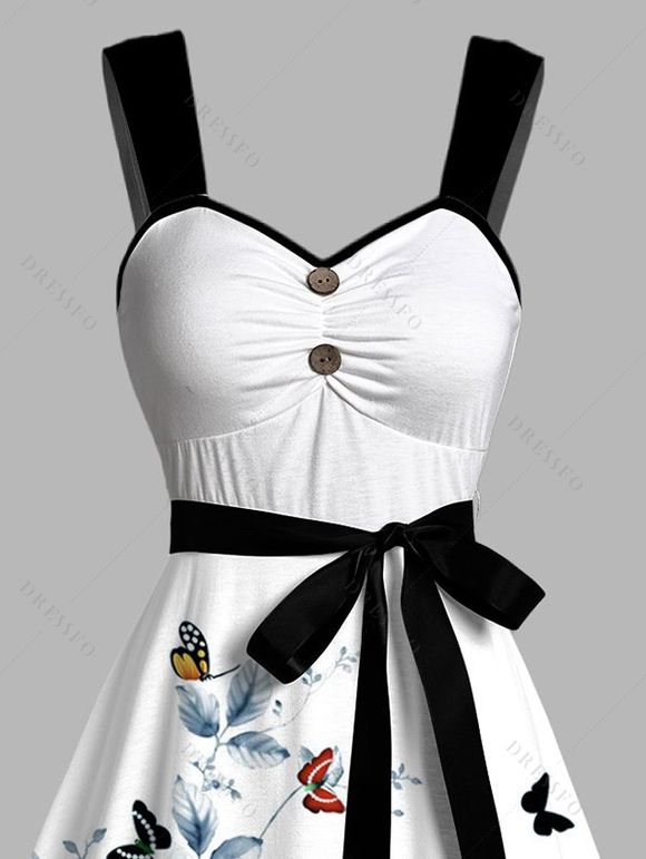Robe de vacances à imprimé floral papillon et ceinture froncée colorblock - Noir L | US 8-10