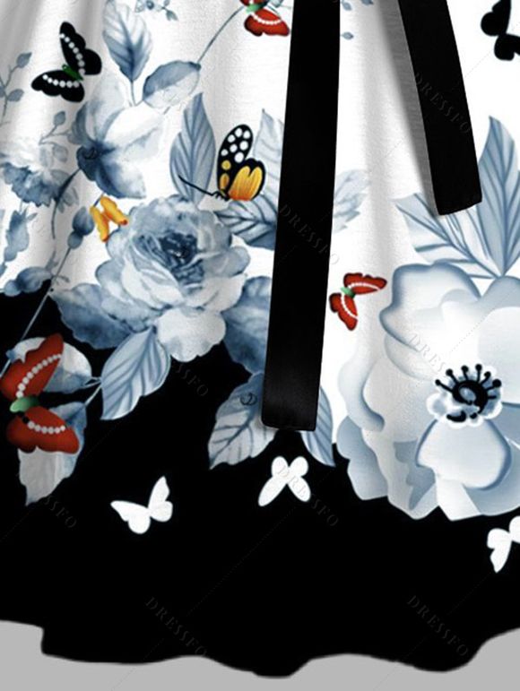 Robe de vacances à imprimé floral papillon et ceinture froncée colorblock - Noir L | US 8-10