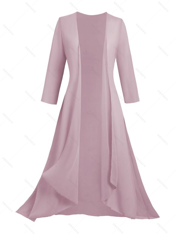 Manteau long en mousseline de soie ouvert sur le devant, couleur unie, manches 3/4 - Rose clair XXL | US 14