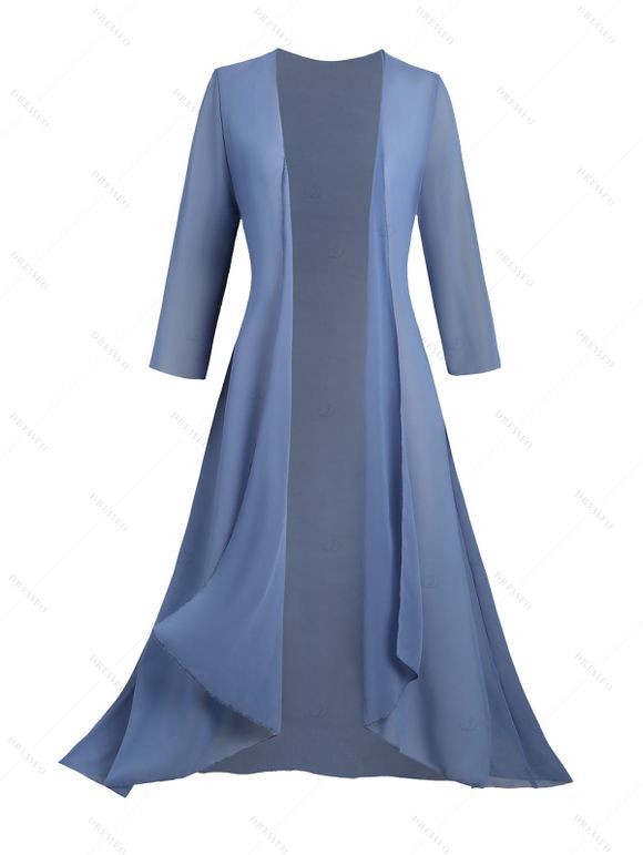 Manteau long en mousseline de soie ouvert sur le devant, couleur unie, manches 3/4 - Bleu Ciel XXL | US 14