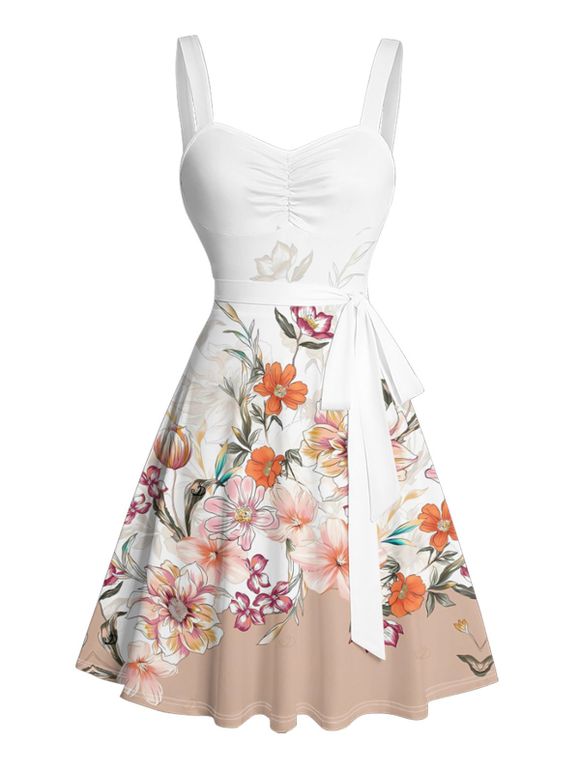 Robe de vacances à imprimé floral et feuilles ombré, robe à ceinture froncée - Blanc XXXXXL | US 20