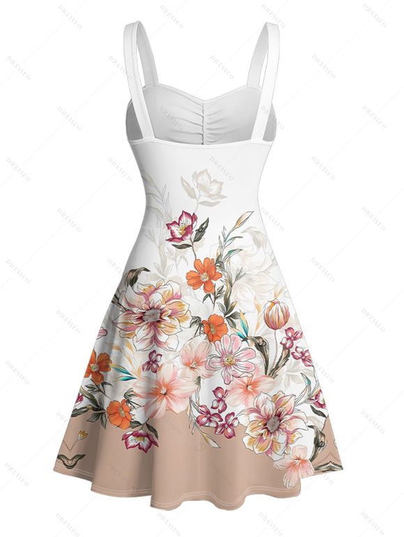 Robe de vacances à imprimé floral et feuilles ombré, robe à ceinture froncée - Blanc L | US 8-10