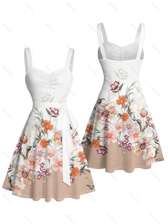 Robe de vacances à imprimé floral et feuilles ombré, robe à ceinture froncée - Blanc L | US 8-10