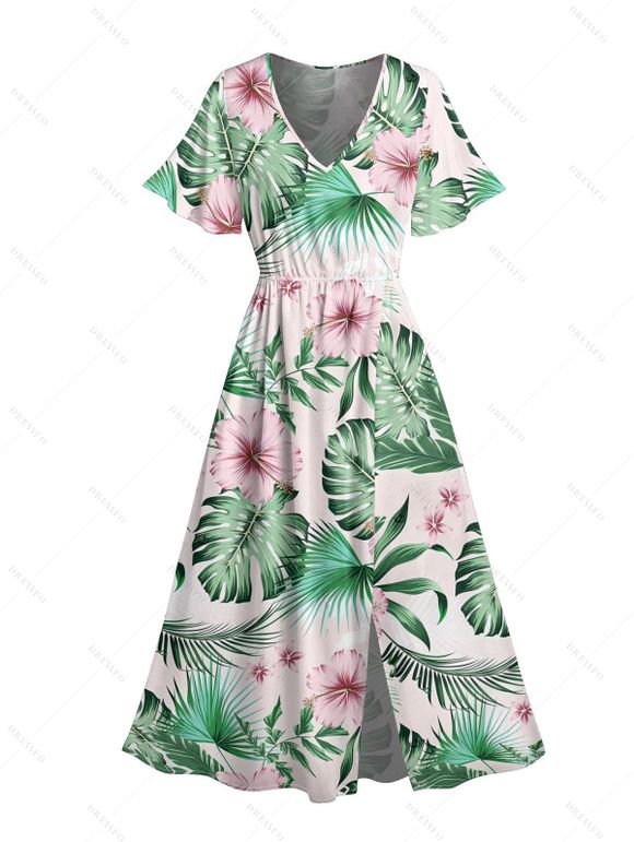 Robe de vacances fendue à imprimé floral et feuilles tropicales pour la plage - Vert clair XXL | US 14