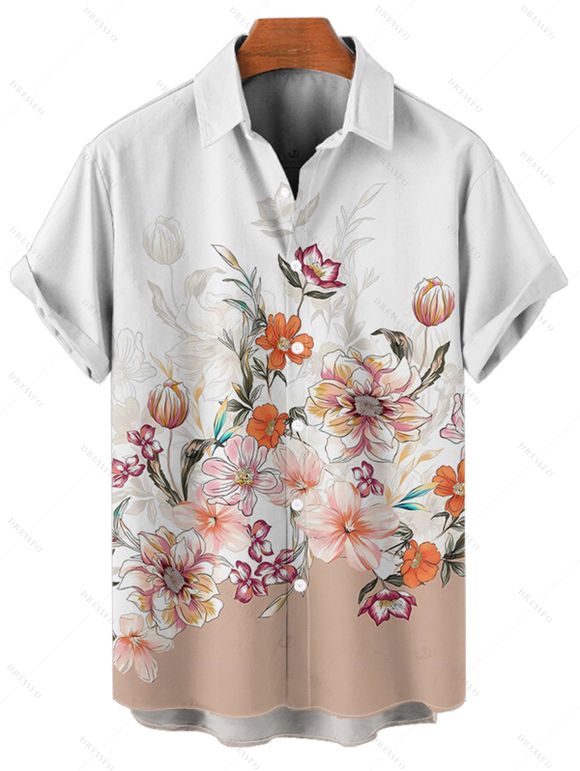 Chemise de vacances pour homme, boutonnée, imprimé feuilles et fleurs ombré - Blanc 5XL