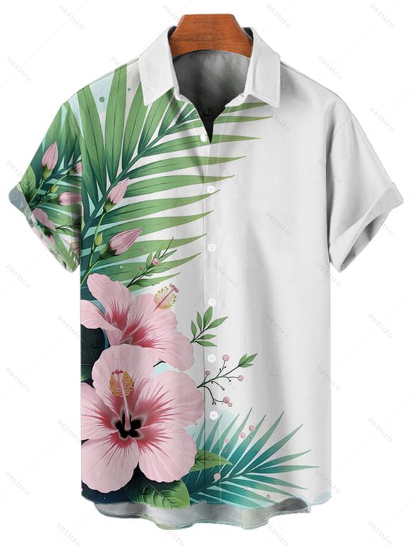 Chemise de vacances pour homme, boutonnée, imprimé fleurs et feuilles - Blanc 5XL