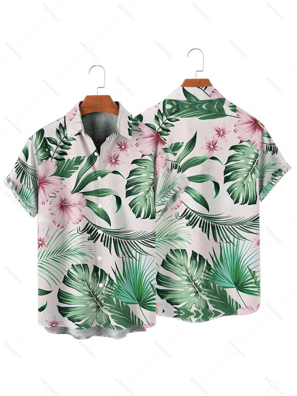 Men's Vacation Shirt Tropical Leaf Floral Print Button Up Shirt for Beach - LIGHT GREEN L