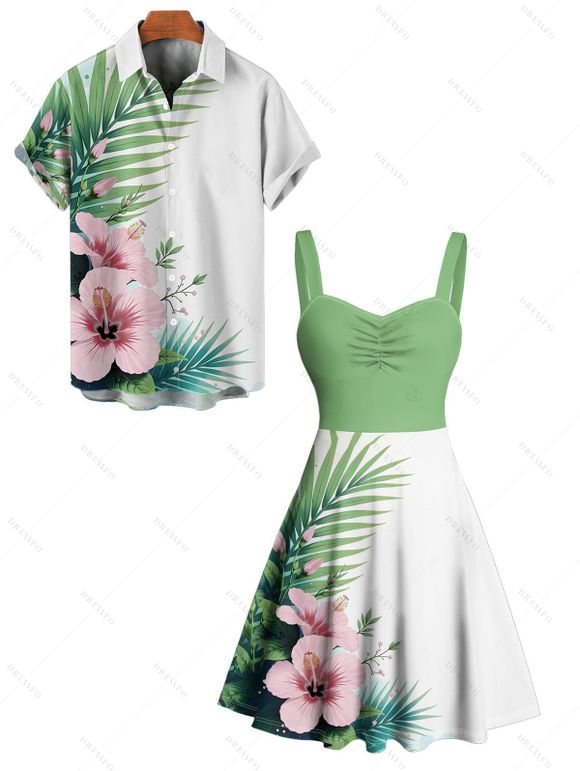 Vacation Couple Outfit Flower Leaf Print Ruched Bust Mini Dress and Shirt Set - Vert clair S | US 4
