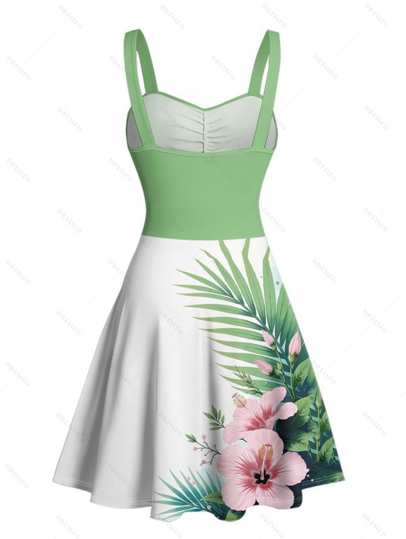 Vacation Couple Outfit Flower Leaf Print Ruched Bust Mini Dress and Shirt Set - Vert clair S | US 4