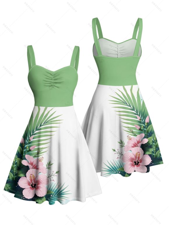 Vacation Couple Outfit Flower Leaf Print Ruched Bust Mini Dress and Shirt Set - Vert clair S | US 4