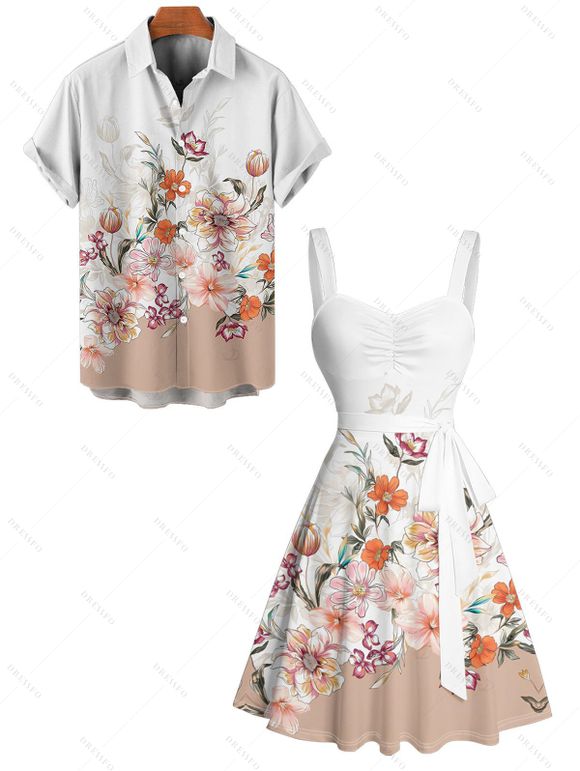 Vacation Couple Outfit Flower Leaf Print Print Belt Dress and Shirt Set - Blanc S | US 4