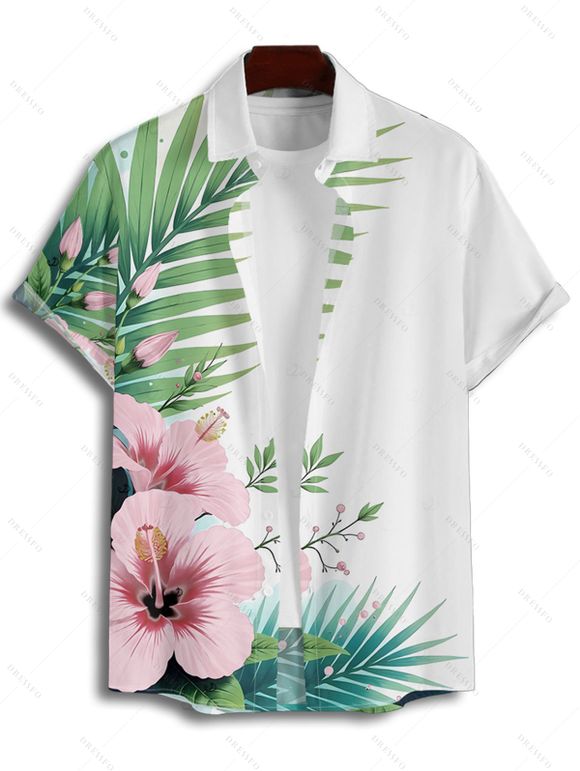 Vacation Couple Outfit Flower Leaf Print Ruched Bust Mini Dress and Shirt Set - Vert clair S | US 4