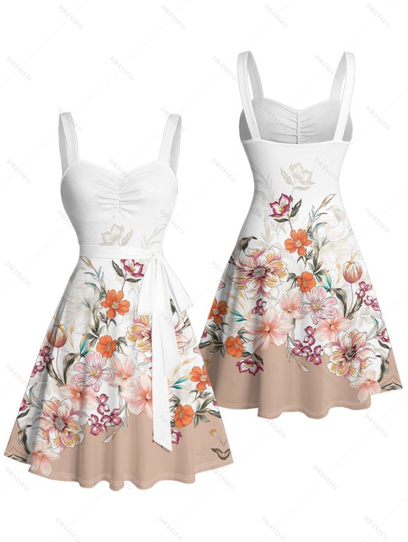 Vacation Couple Outfit Flower Leaf Print Print Belt Dress and Shirt Set - Blanc S | US 4