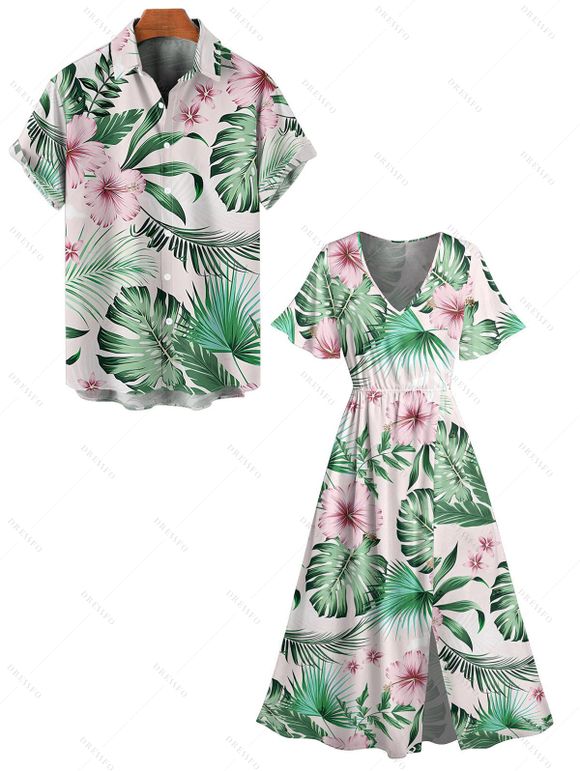 Vacation Couple Outfit for Beach Tropical Leaf Floral Print Slit Dress and Shirt Set - Vert clair S | US 4