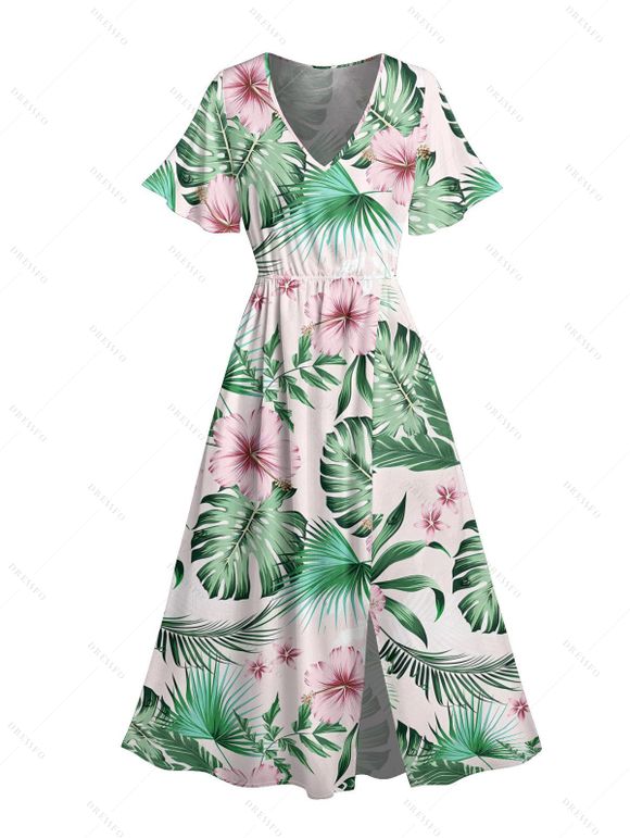 Vacation Couple Outfit for Beach Tropical Leaf Floral Print Slit Dress and Shirt Set - Vert clair S | US 4