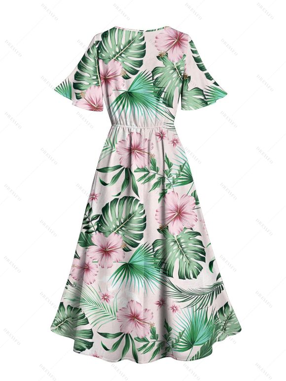 Vacation Couple Outfit for Beach Tropical Leaf Floral Print Slit Dress and Shirt Set - Vert clair S | US 4